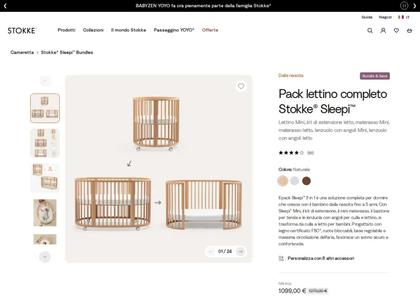 Schermata della pagina offerta di Stokke