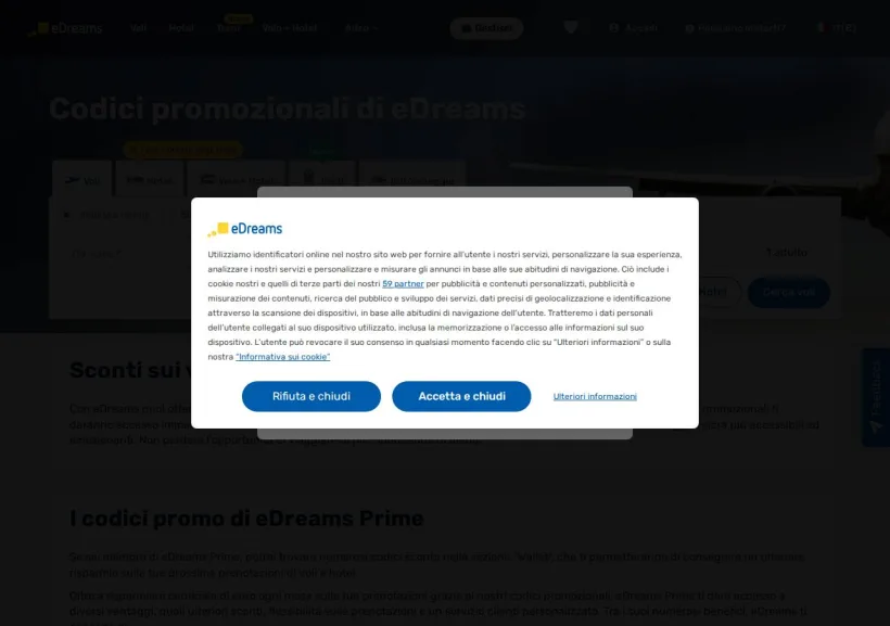 Schermata della pagina offerta di eDreams