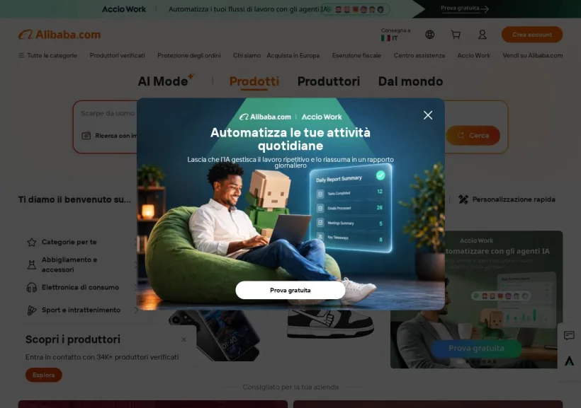 Schermata della pagina offerta di Alibaba