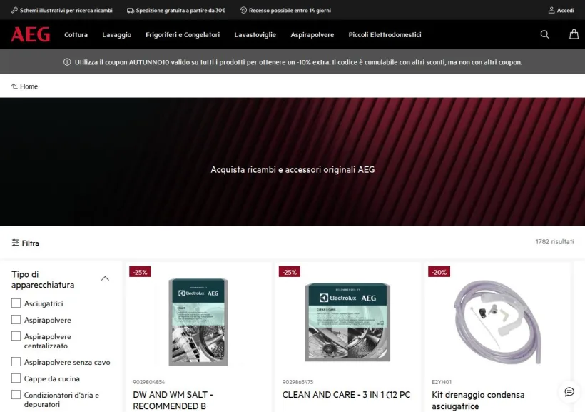 Schermata della pagina offerta di AEG