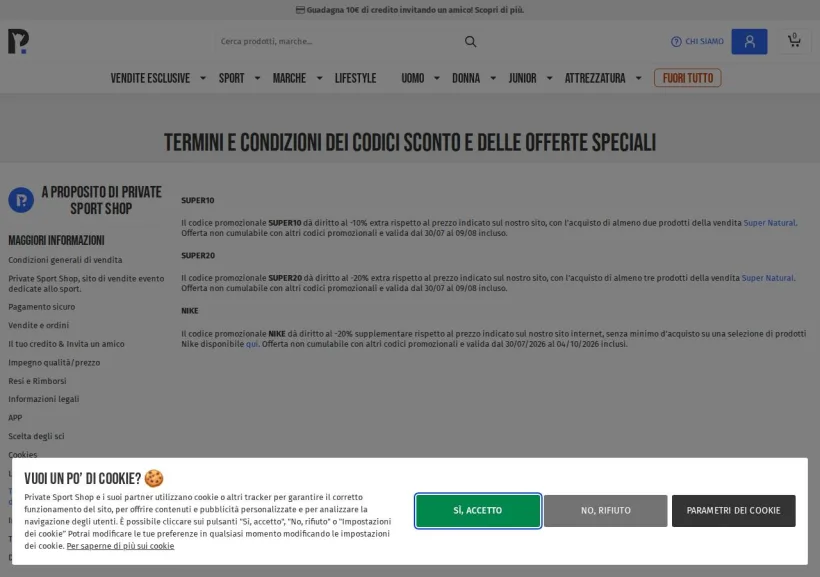 Schermata della pagina offerta di Private Sport Shop