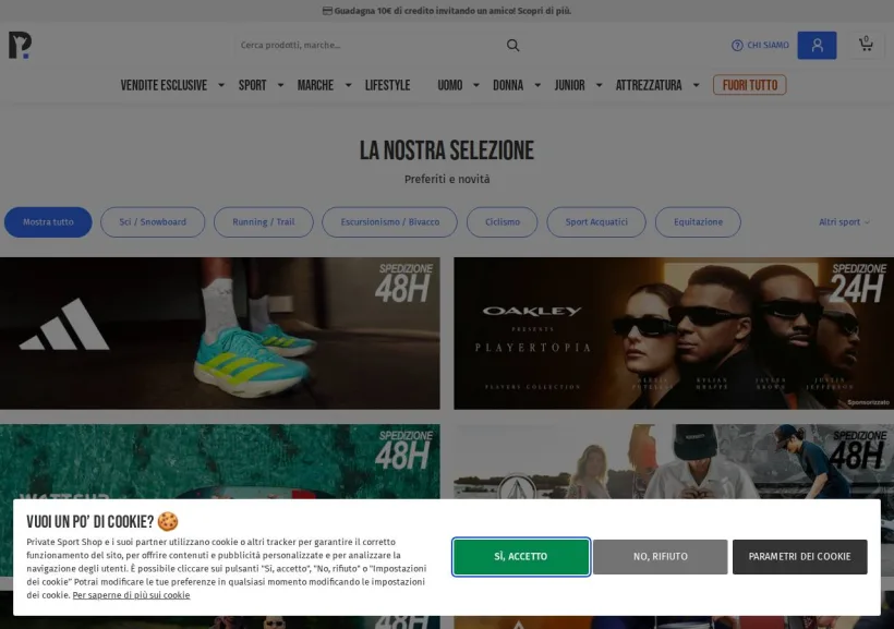 Schermata della pagina offerta di Private Sport Shop