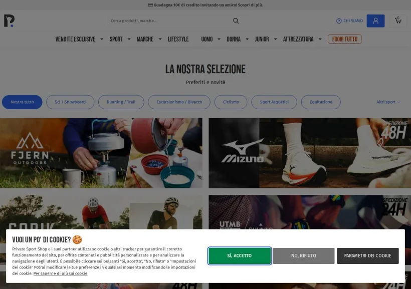 Schermata della pagina offerta di Private Sport Shop