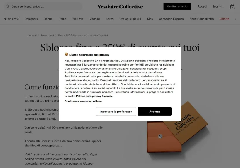 Schermata della pagina offerta di Vestiaire Collective