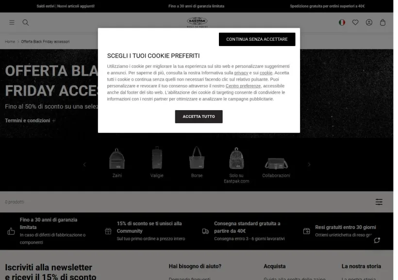 Schermata della pagina offerta di Eastpak