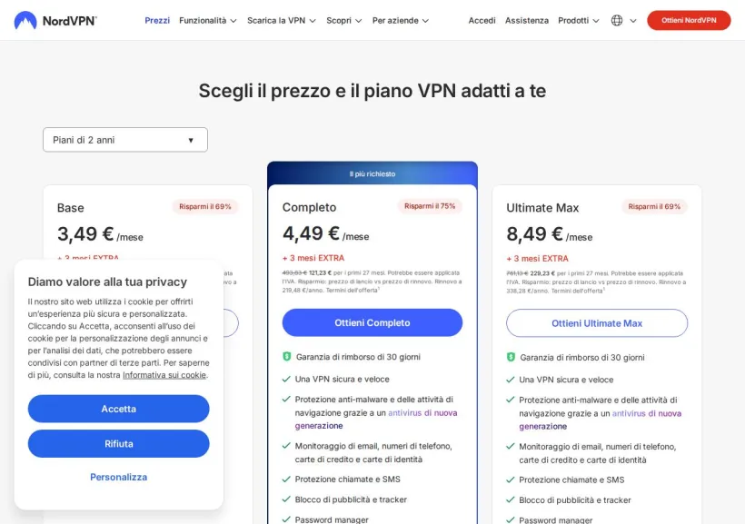 Schermata della pagina offerta di NordVPN