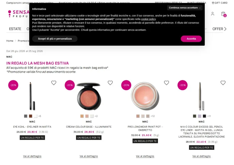 Schermata della pagina offerta di SensationProfumerie