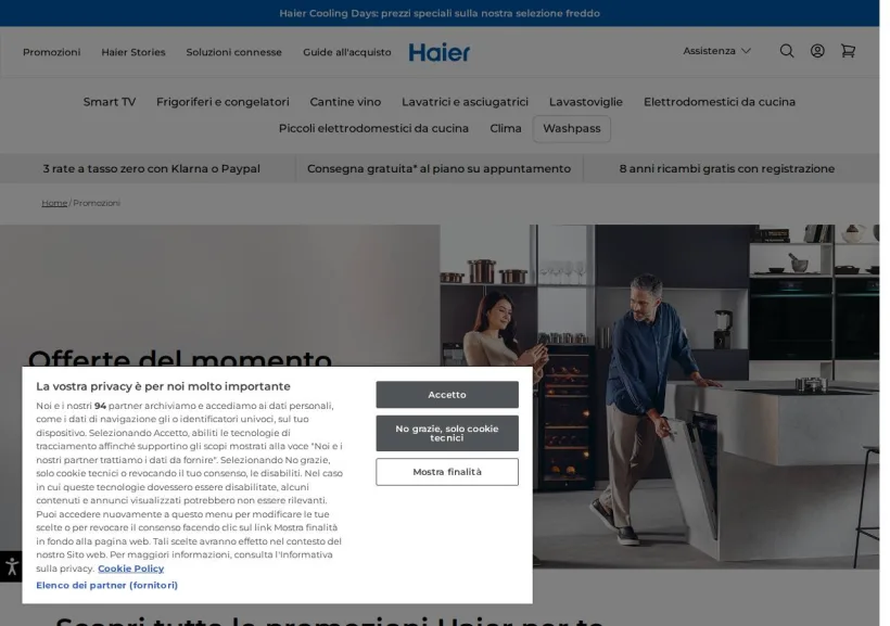 Schermata della pagina offerta di Haier 