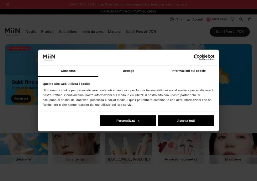 Schermata della pagina offerta di Miin Cosmetics