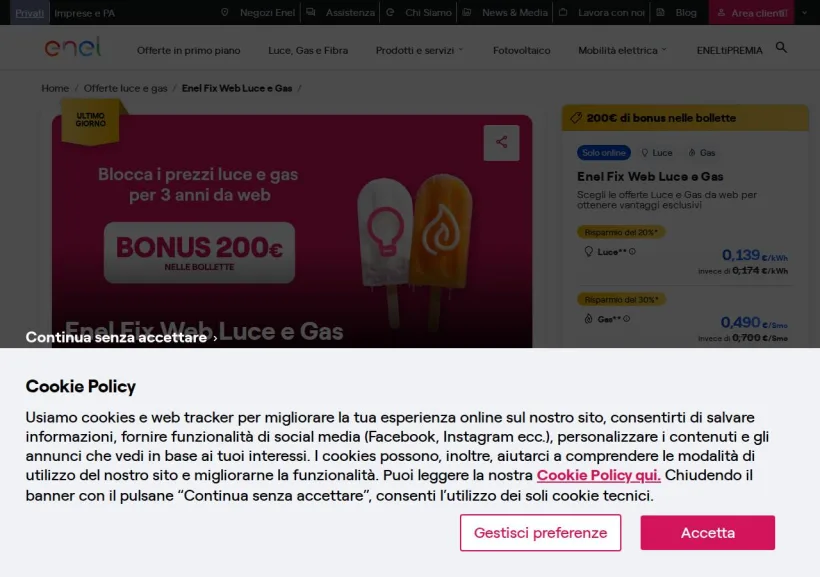 Schermata della pagina offerta di Enel