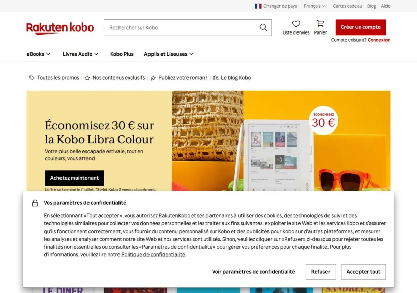 Schermata della pagina offerta di Rakuten Kobo Europe