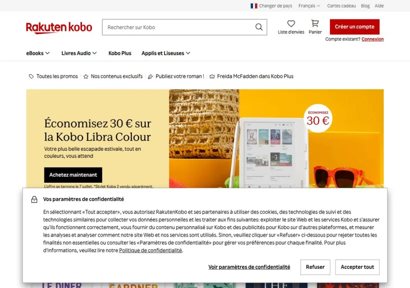 Schermata della pagina offerta di Rakuten Kobo Europe