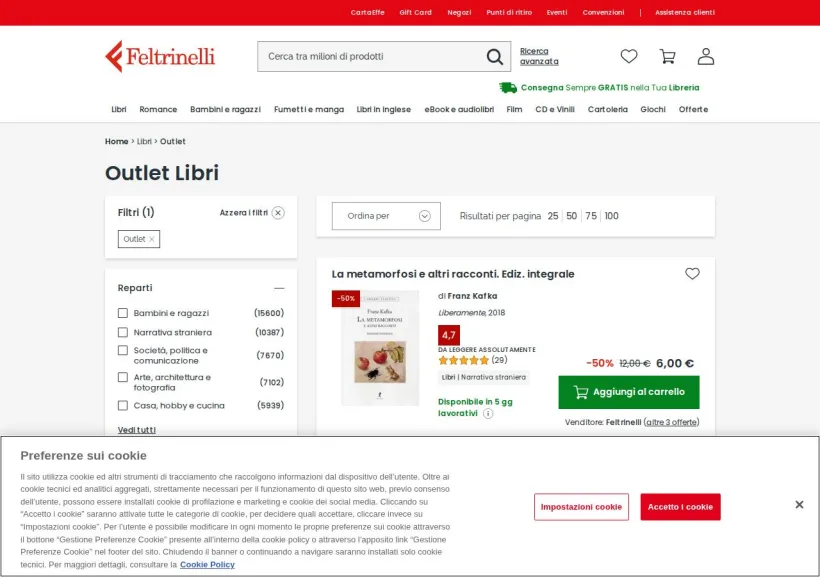 Schermata della pagina offerta di La Feltrinelli