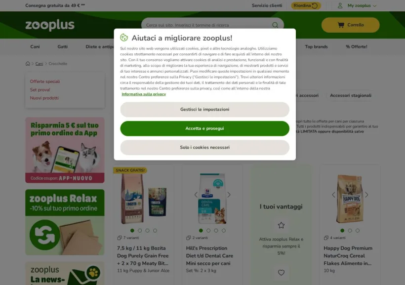 Schermata della pagina offerta di Zooplus