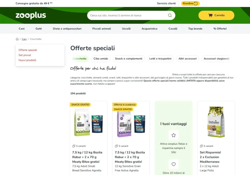 Schermata della pagina offerta di Zooplus