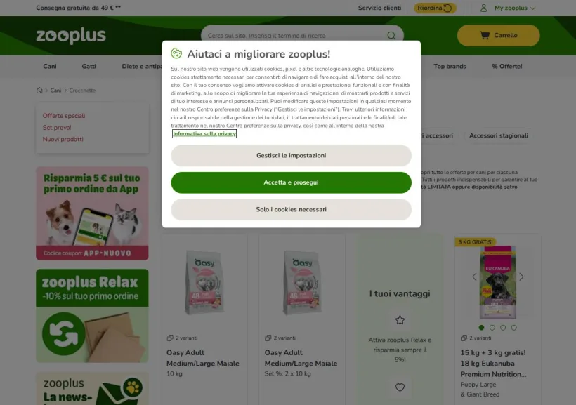 Schermata della pagina offerta di Zooplus