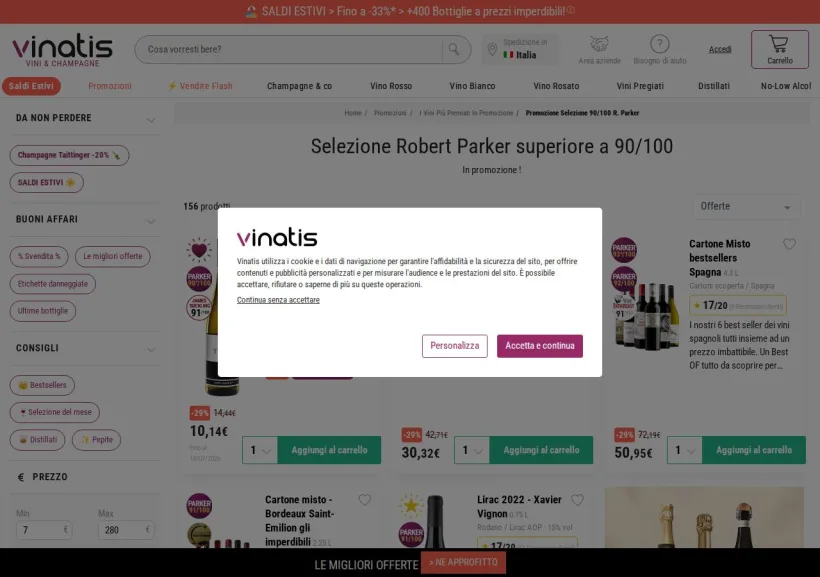 Schermata della pagina offerta di Vinatis