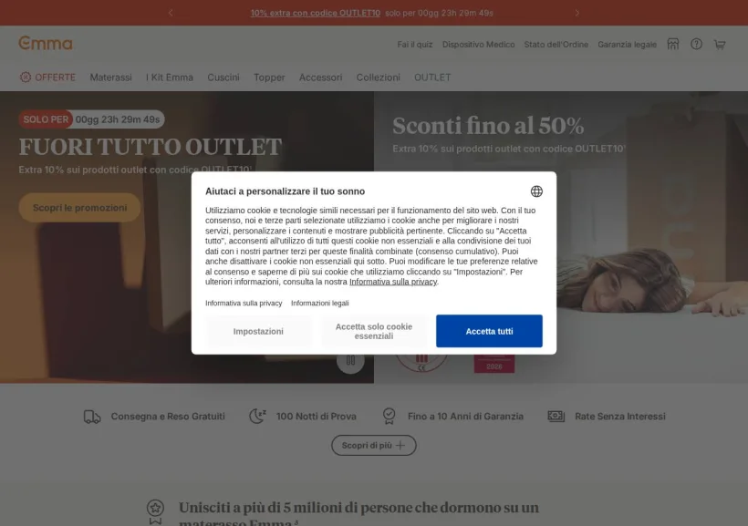Schermata della pagina offerta di Emma Mattress