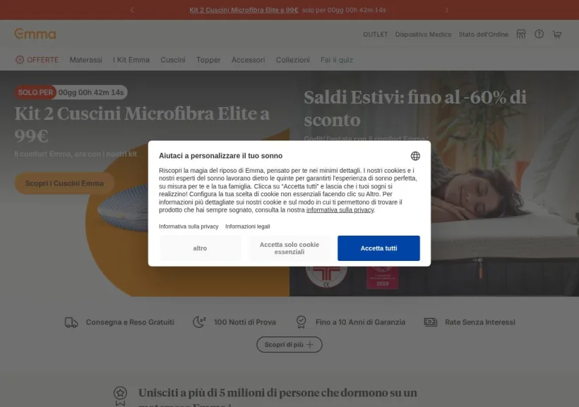 Schermata della pagina offerta di Emma Mattress