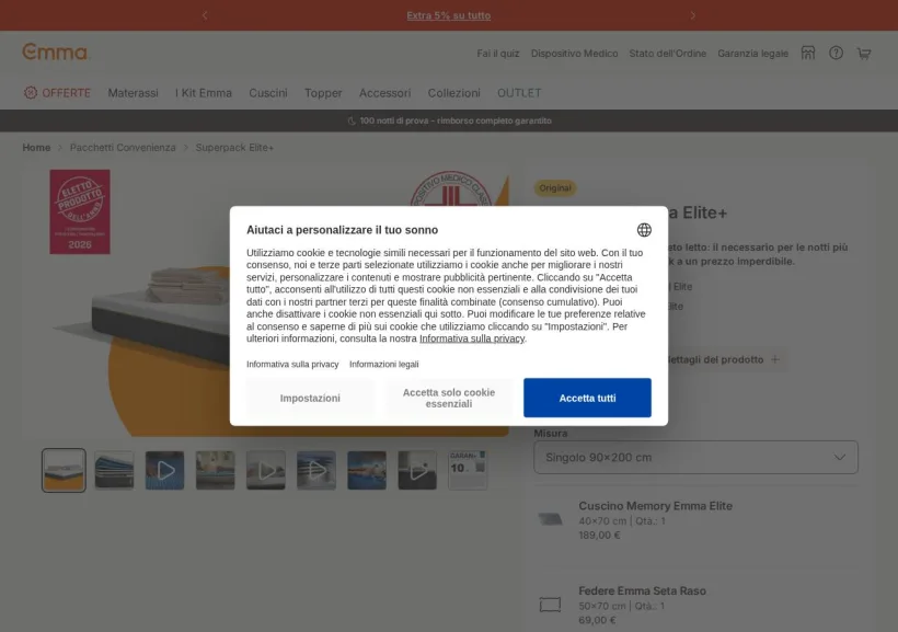 Schermata della pagina offerta di Emma Mattress