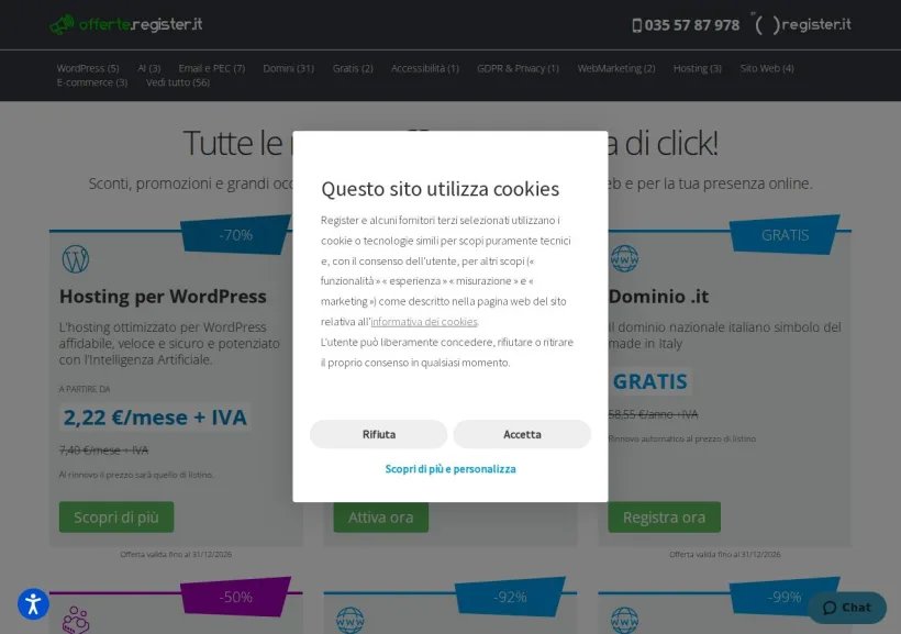Schermata della pagina offerta di Register
