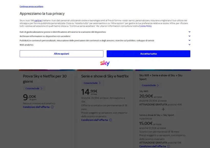 Schermata della pagina offerta di Sky Wifi