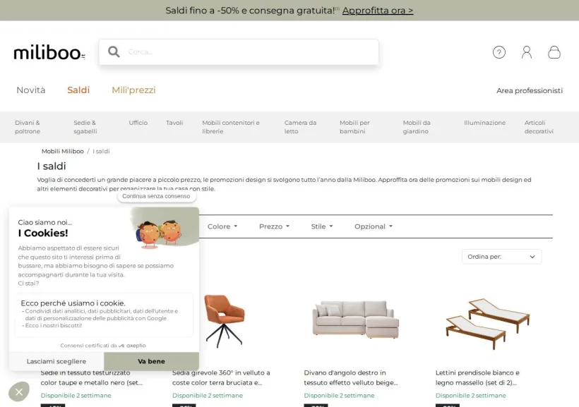 Schermata della pagina offerta di Miliboo