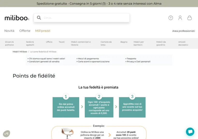 Schermata della pagina offerta di Miliboo