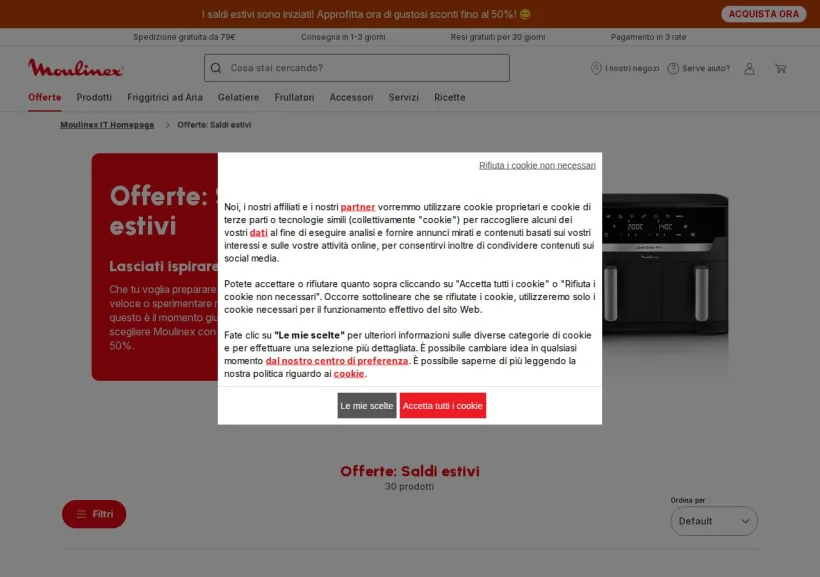 Schermata della pagina offerta di Moulinex