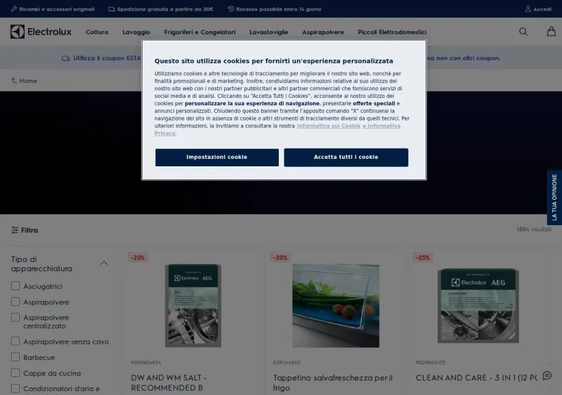 Schermata della pagina offerta di Shop Electrolux