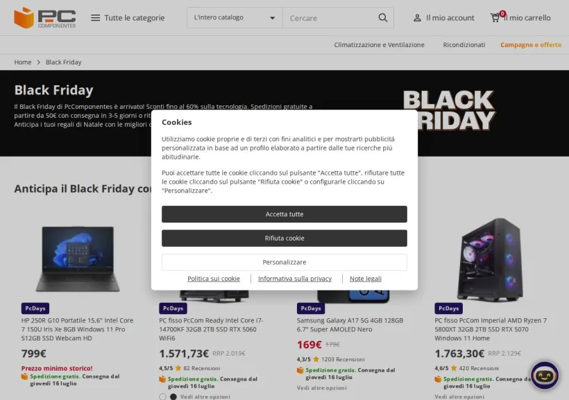Schermata della pagina offerta di Pc Componentes