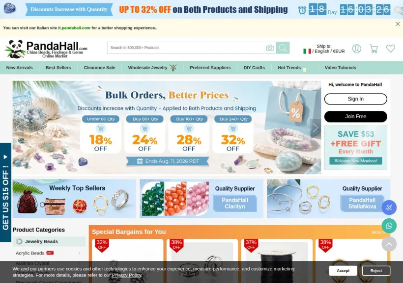 Schermata della pagina offerta di PandaHall