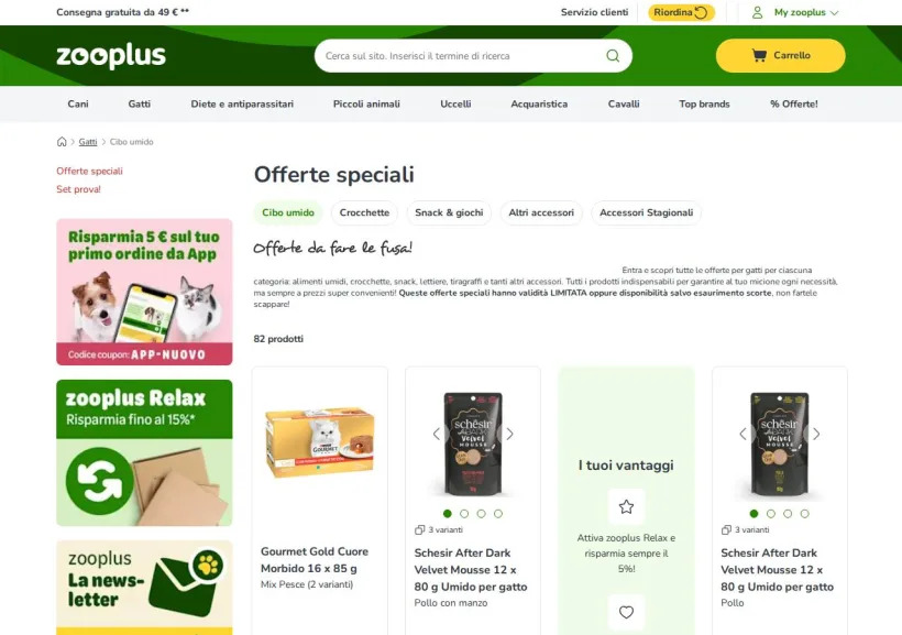 Schermata della pagina offerta di Zooplus