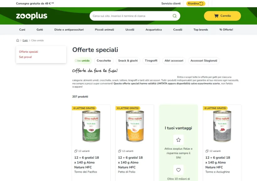 Schermata della pagina offerta di Zooplus