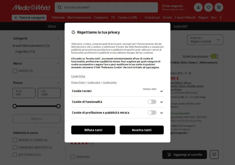 Schermata della pagina offerta di Mediaworld