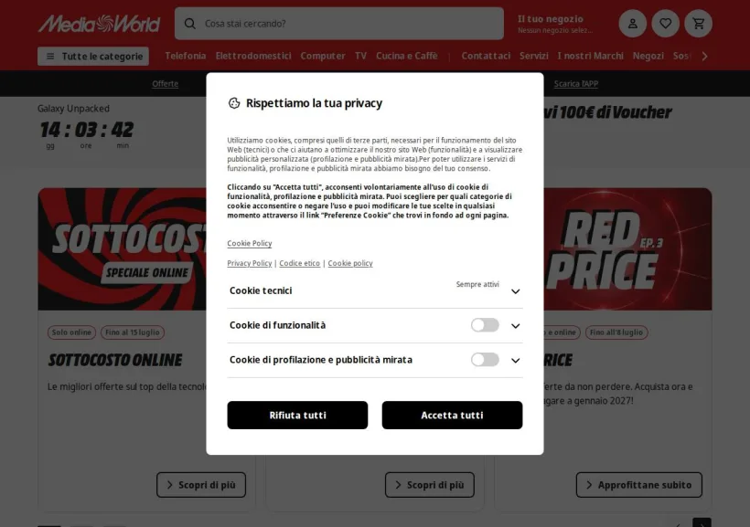 Schermata della pagina offerta di Mediaworld