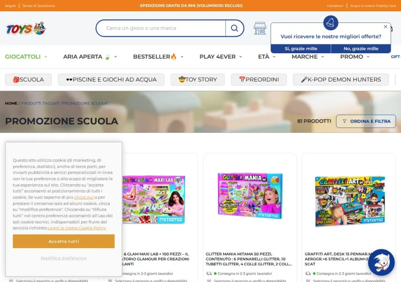 Schermata della pagina offerta di Toys Center