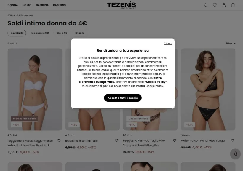 Schermata della pagina offerta di Tezenis
