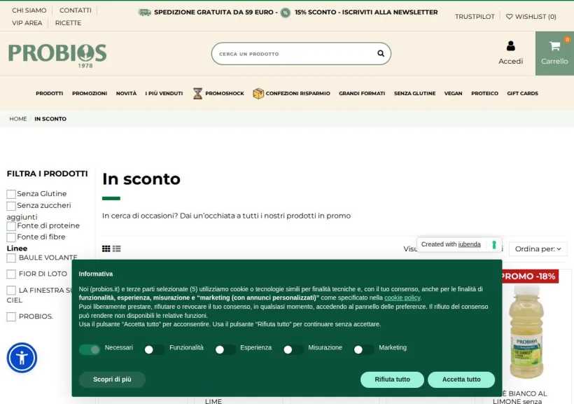 Schermata della pagina offerta di Probios