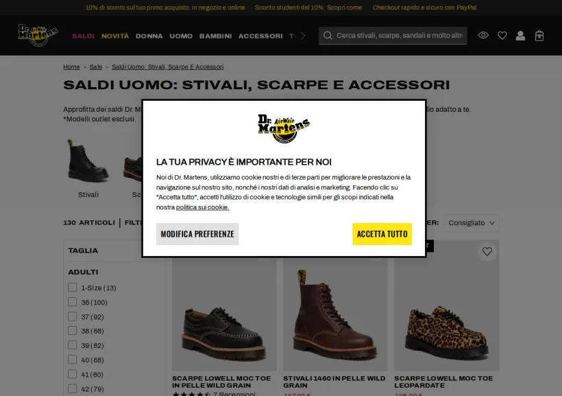 Schermata della pagina offerta di Dr Martens