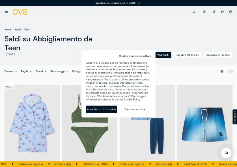 Schermata della pagina offerta di OVS
