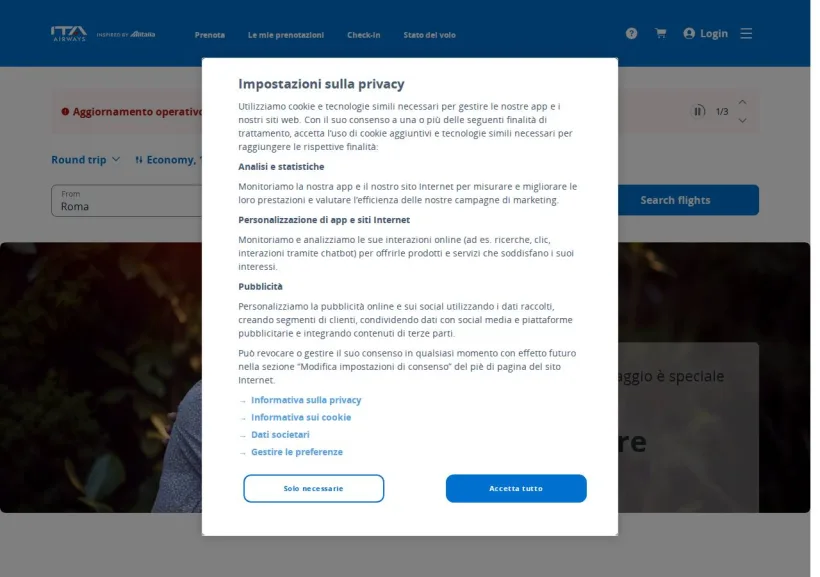 Schermata della pagina offerta di ITA Airways
