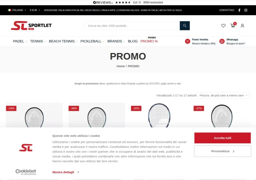 Schermata della pagina offerta di SPORTLET - Sport di racchetta