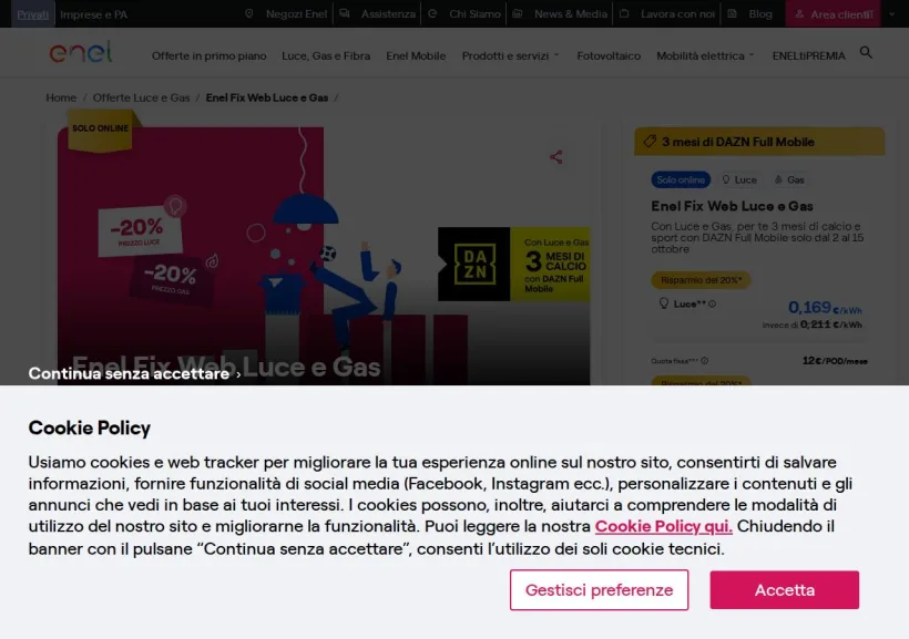 Schermata della pagina offerta di Enel