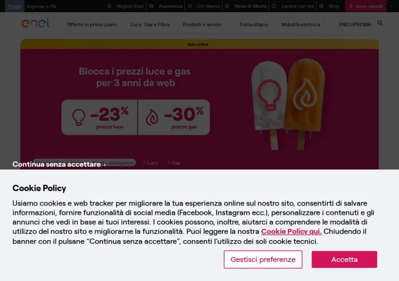 Schermata della pagina offerta di Enel
