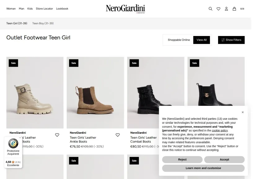 Schermata della pagina offerta di NeroGiardini