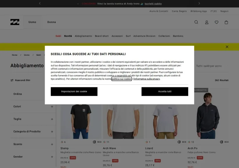 Schermata della pagina offerta di Billabong