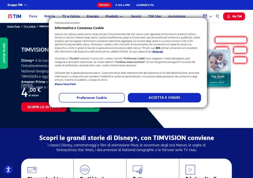 Schermata della pagina offerta di TIM