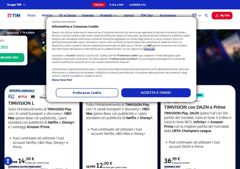 Schermata della pagina offerta di TIM