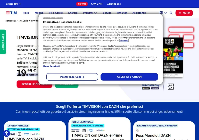 Schermata della pagina offerta di TIM